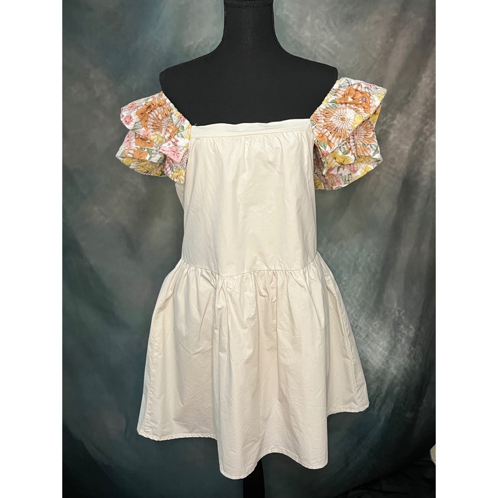 BiBi Floral Ruffle‎ Sleeve Mini Dress, Square Neck Sleeveless A-Line Tan Size Lg - Picture 6 of 10